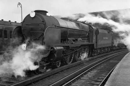 SR LN class 861 'Lord Anson' at Waterloo Station, Greater London with the 9.00am to Plymouth/Ilfracombe on Thursday 08 Apr 1948 - J.H. Aston [275158]