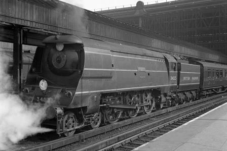 BR(S) West Country class 34023 'Blackmoor Vale' at Waterloo Station, Greater London with the 9.00 am West of England on Monday 03 May 1948 - J.H. Aston [275199]