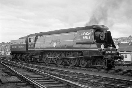 BR(S) West Country class 34003 'Plymouth' at Plymouth Friary Shed, Devon Departing for Plymouth Friary on Tuesday 06 Jul 1948 - J.H. Aston [275320]