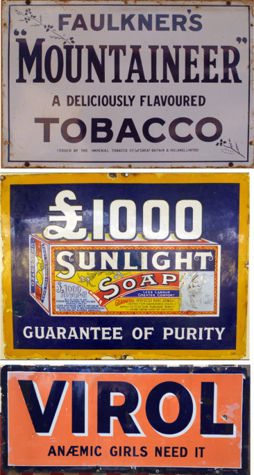 Faulkner's Mountaineer Tobacco+Sunlight Soap+Virol enamel advertising boards